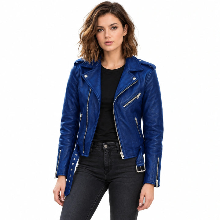 Woman wearing a royal blue faux leather biker jacket