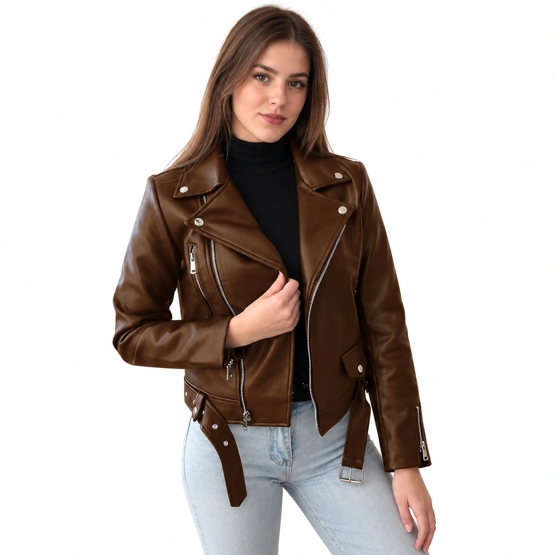 Woman wearing a brown PP01 faux leather biker jacket