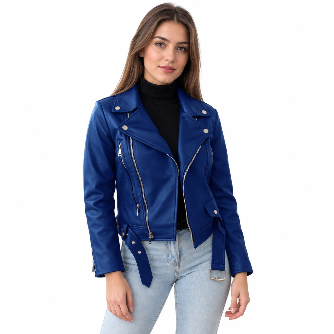 Woman wearing a sapphire blue PP01 faux leather biker jacket