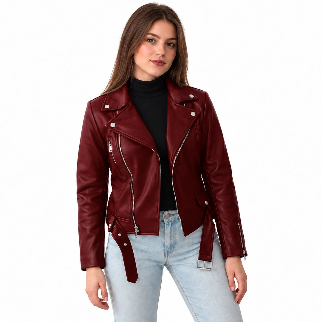 Woman wearing a wine red PP01 faux leather biker jacket
