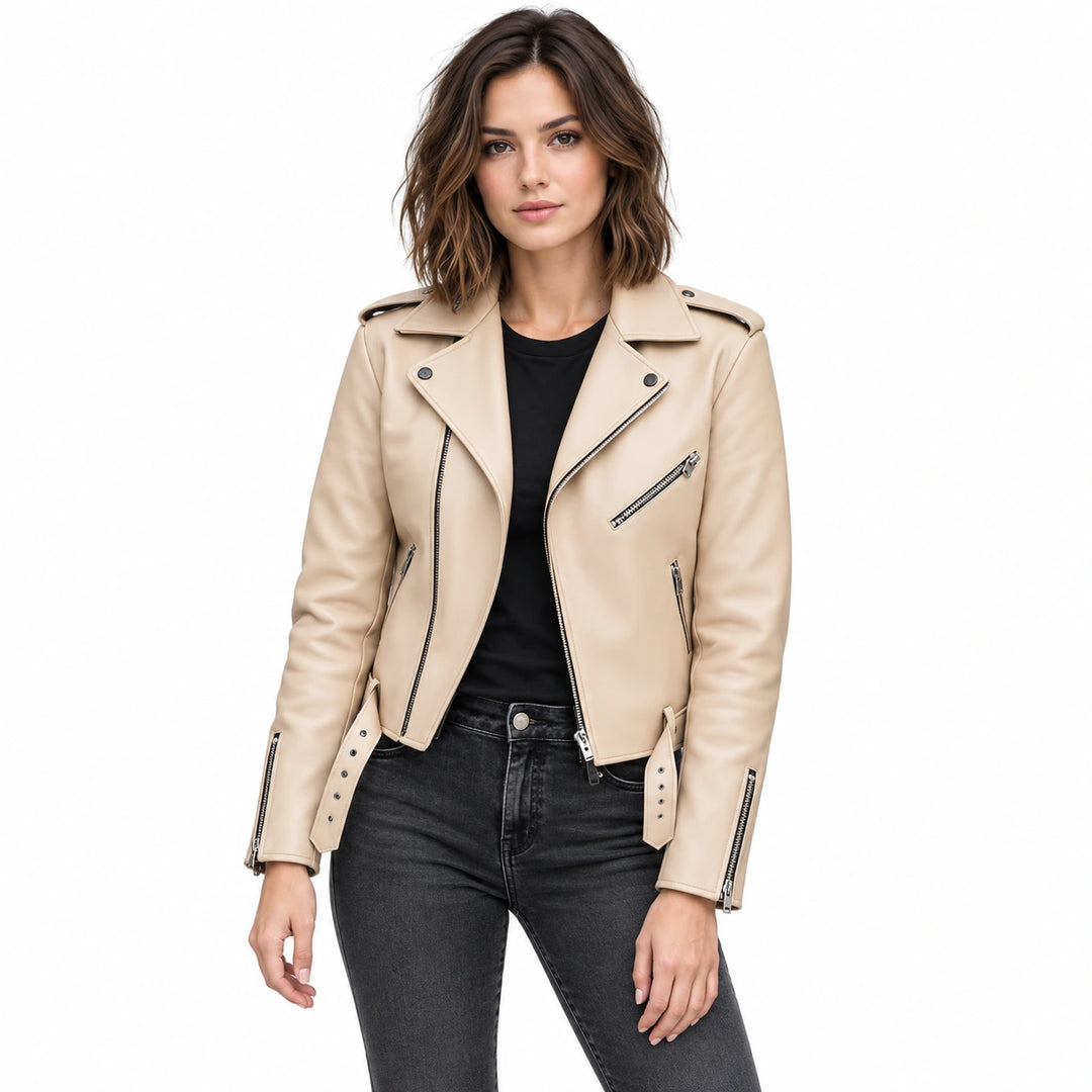 Woman wearing a beige faux leather biker jacket