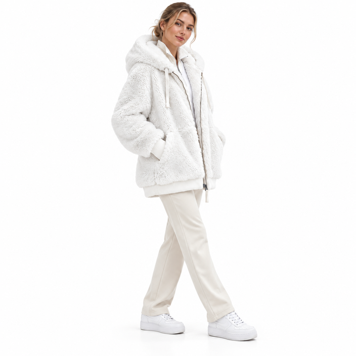 White hooded jacket on a second model with loose fit and front pockets