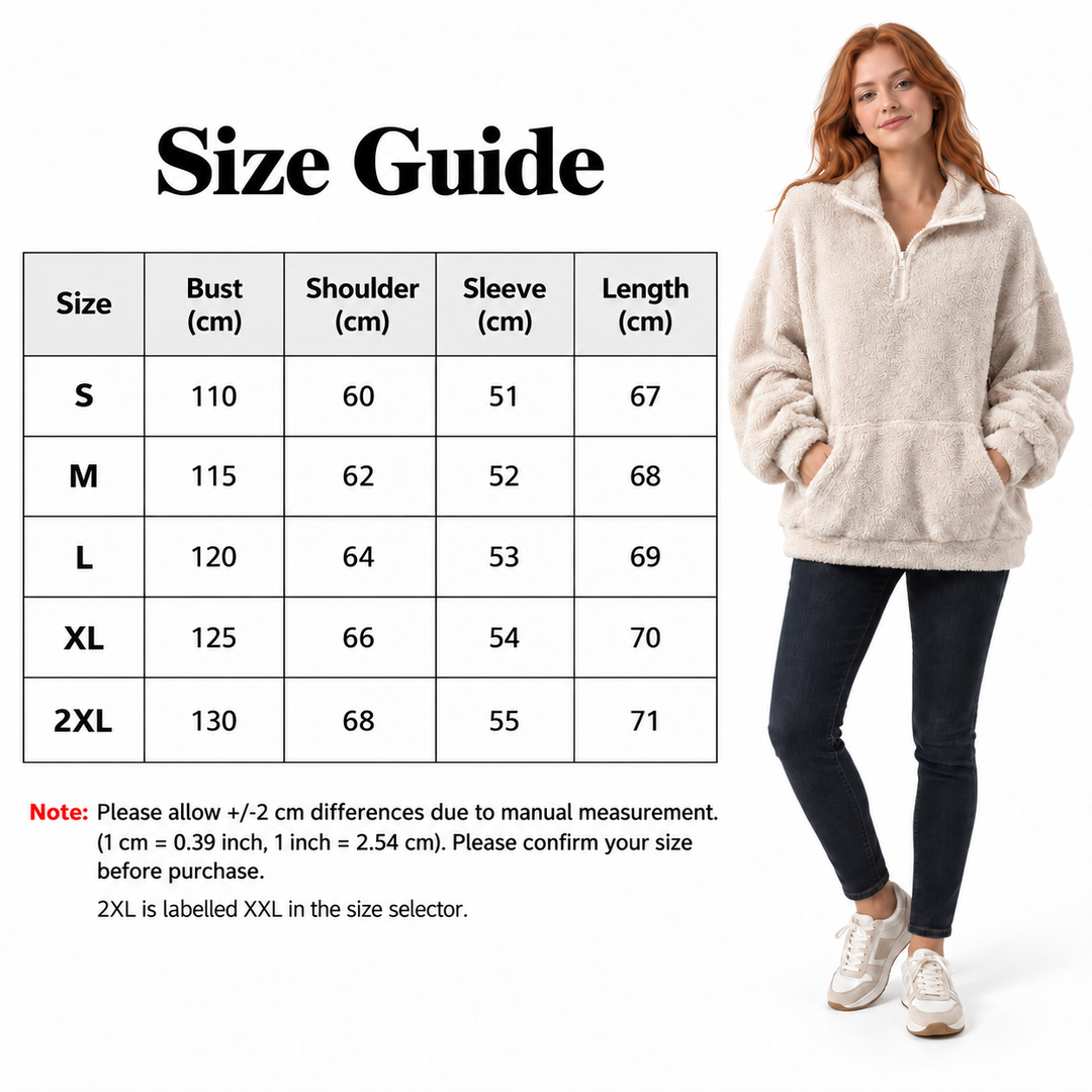 English size chart with bust, shoulder, sleeve and length for S to 2XL, beside a red-haired model wearing the Beige pullover.