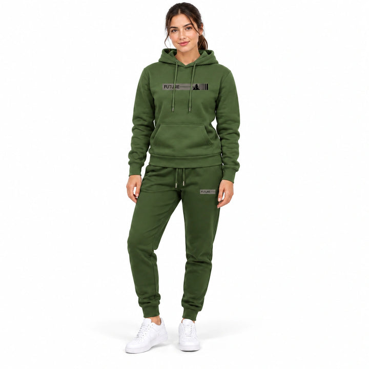 Woman wearing the dark olive-green hoodie and matching pants set on a white background