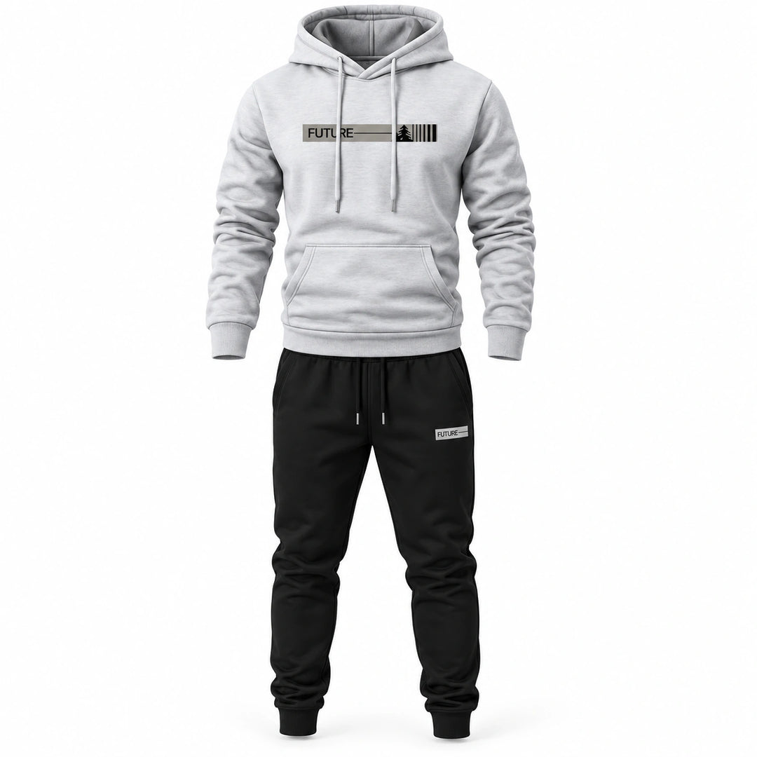 Front view of the light gray hoodie and black jogger pants set