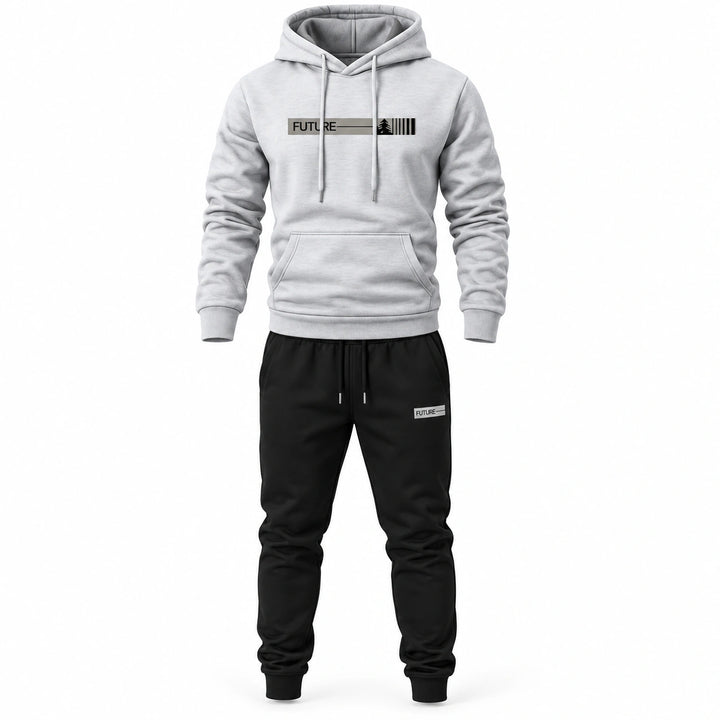 Front view of the light gray hoodie and black jogger pants set