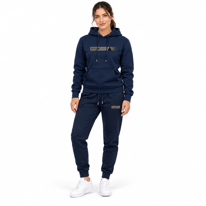 Woman wearing the navy blue hoodie and matching navy pants set on a white background
