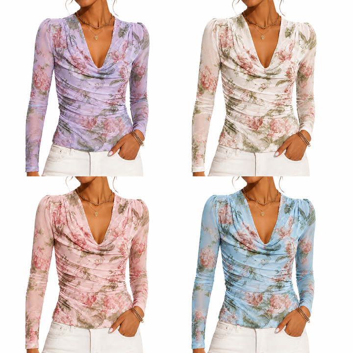 Four floral long sleeve top variants in Purple, Apricot, Pink and Blue for clear color comparison on clean white backgrounds.