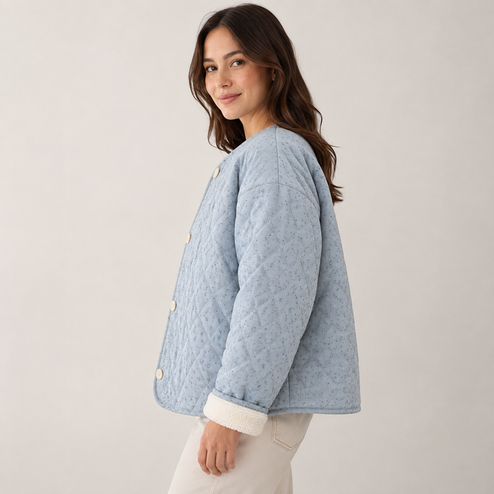 Side profile of model in blue floral quilted coat showing button front, loose silhouette, long sleeves and cream lined cuffs.