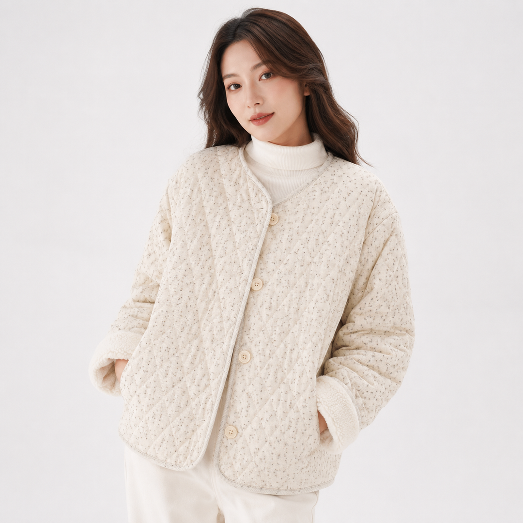 Model wearing light floral quilted coat with rounded neck, button front and lined cuffs in a clean commercial studio setting.