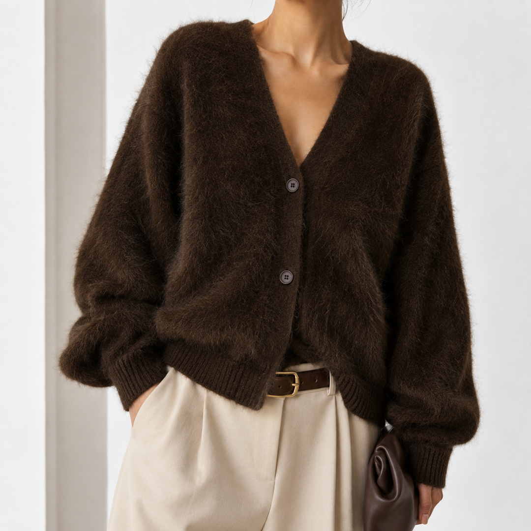 Dark brown fuzzy V-neck button cardigan styled with neutral trousers, showing its textured knit, long sleeves and relaxed shape.