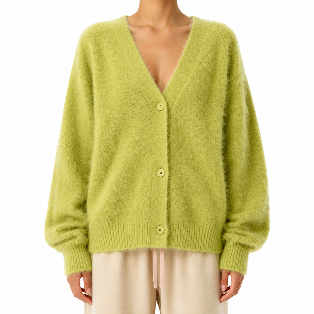 Green fuzzy V-neck button cardigan in a clean front view, highlighting the long sleeves, ribbed hem, cuffs and plush knit surface.