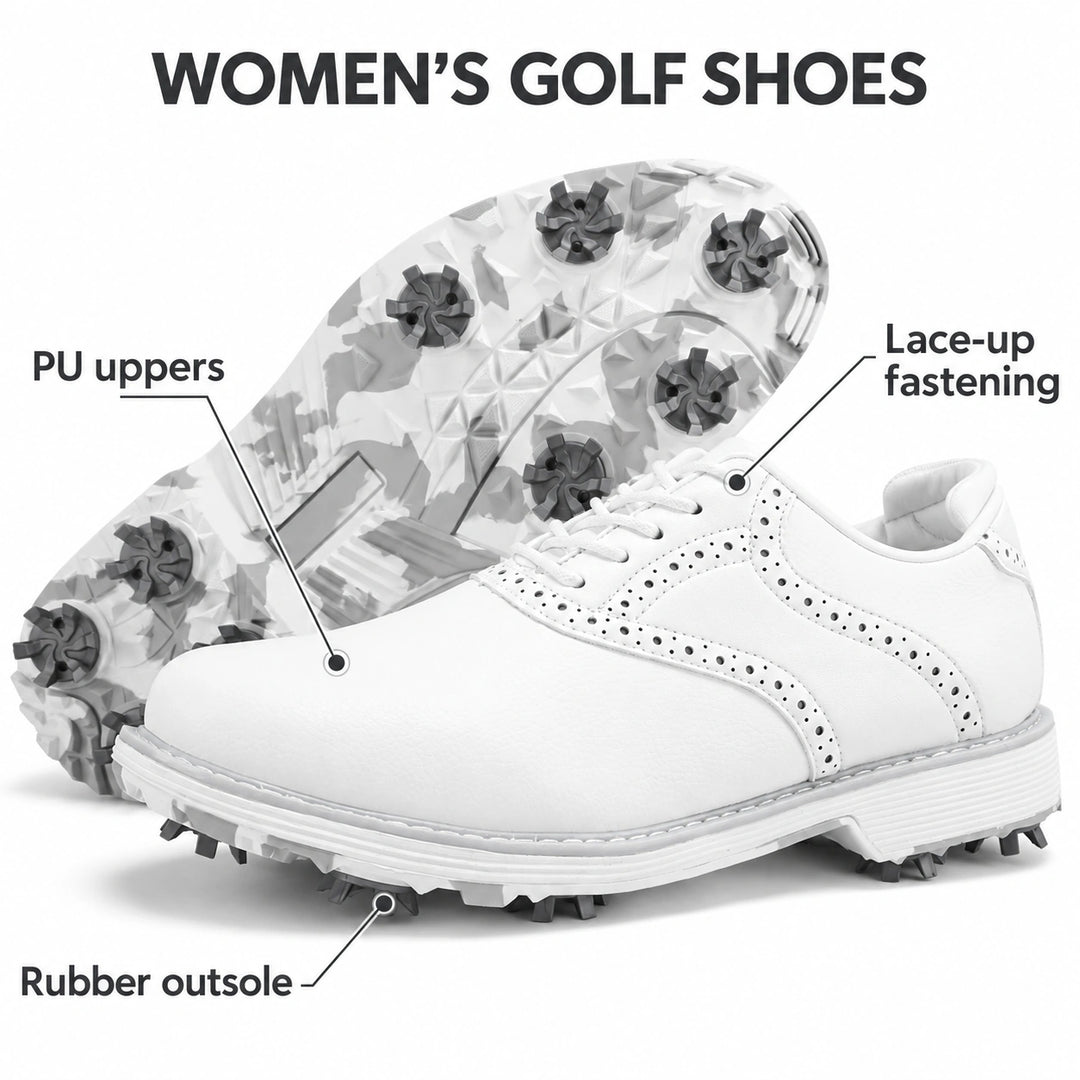 Golf shoe feature guide showing PU uppers, lace-up fastening and rubber outsole