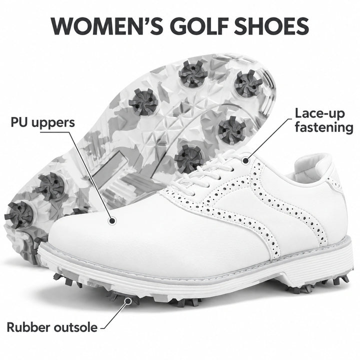 Golf shoe feature guide showing PU uppers, lace-up fastening and rubber outsole