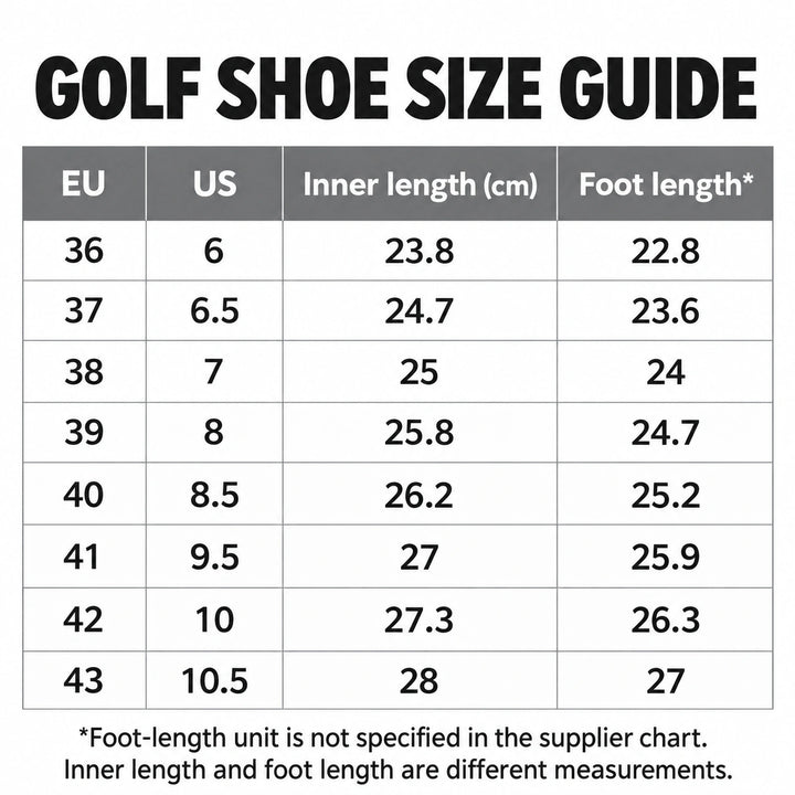 Golf shoe supplier size guide for EU 36 to 43 with US sizes and inner lengths