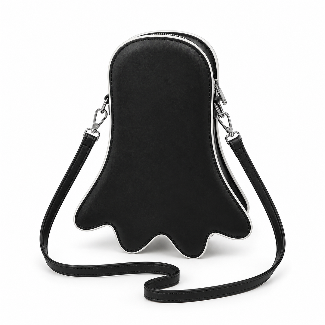 Black Halloween ghost crossbody bag back view with white piping, zipper edge, silver hardware and long shoulder strap
