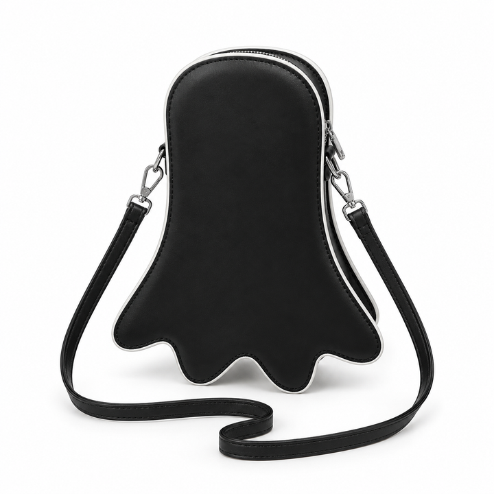 Black Halloween ghost crossbody bag back view with white piping, zipper edge, silver hardware and long shoulder strap