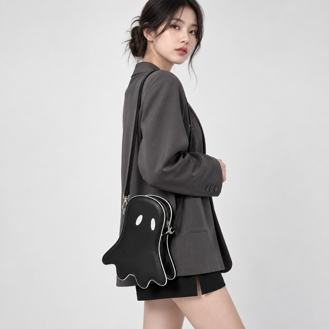 Black ghost crossbody bag worn by a model, showing white eyes, contrast piping, silver hardware and side profile