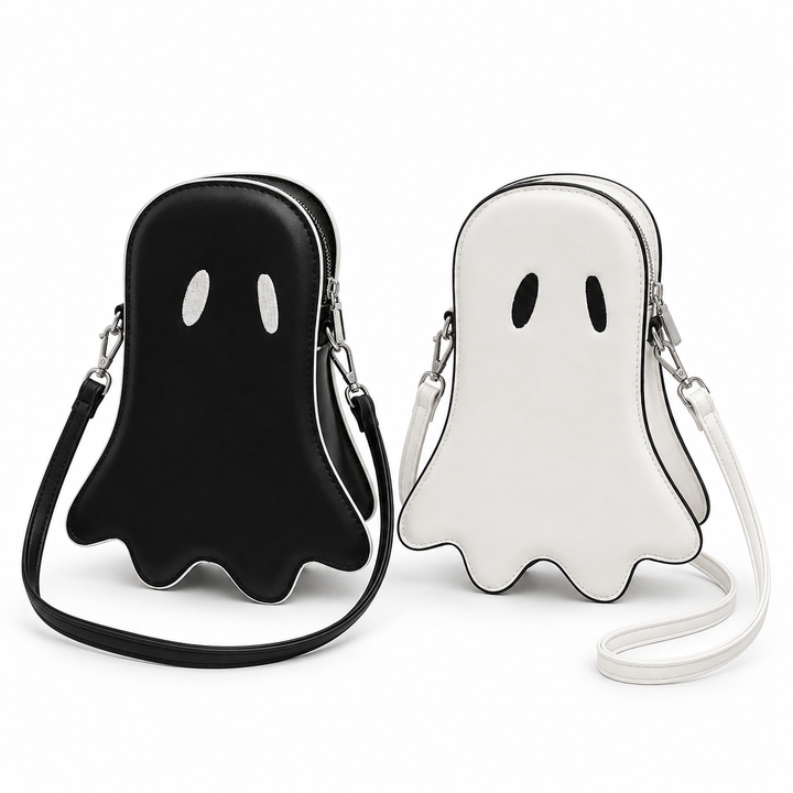 Black and white Halloween ghost crossbody bag variants shown together with contrast eyes, piping and shoulder straps