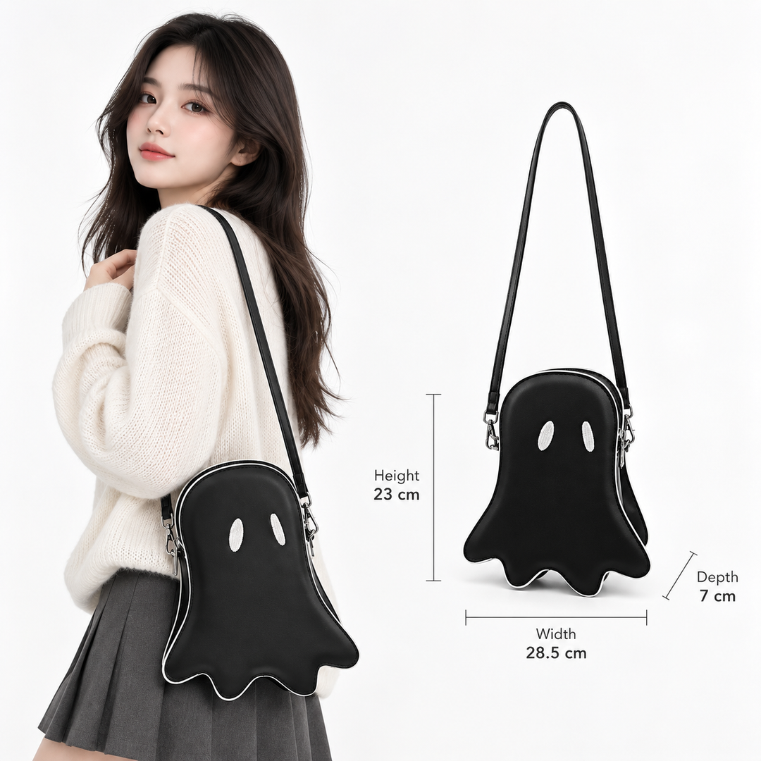 Black ghost crossbody bag size guide with model and verified dimensions: 23 cm high, 28.5 cm wide and 7 cm deep