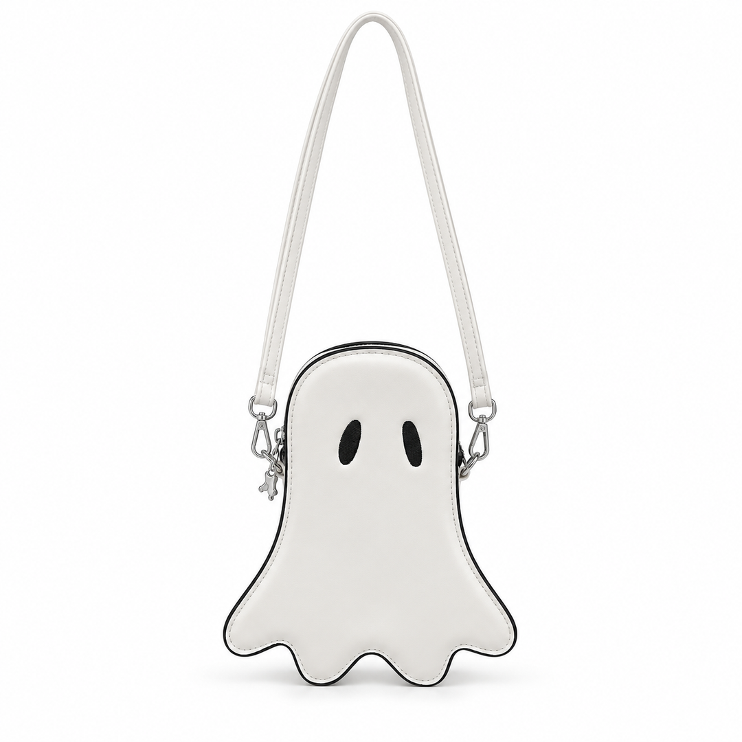 White Halloween ghost crossbody bag front view with black eyes, contrast trim, silver hardware and shoulder strap