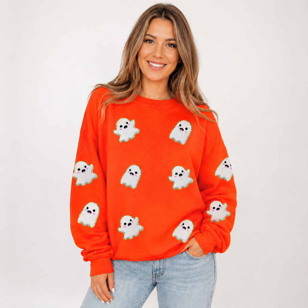 Women's Halloween Ghost Sweatshirt orange ghost print lifestyle model image on white background