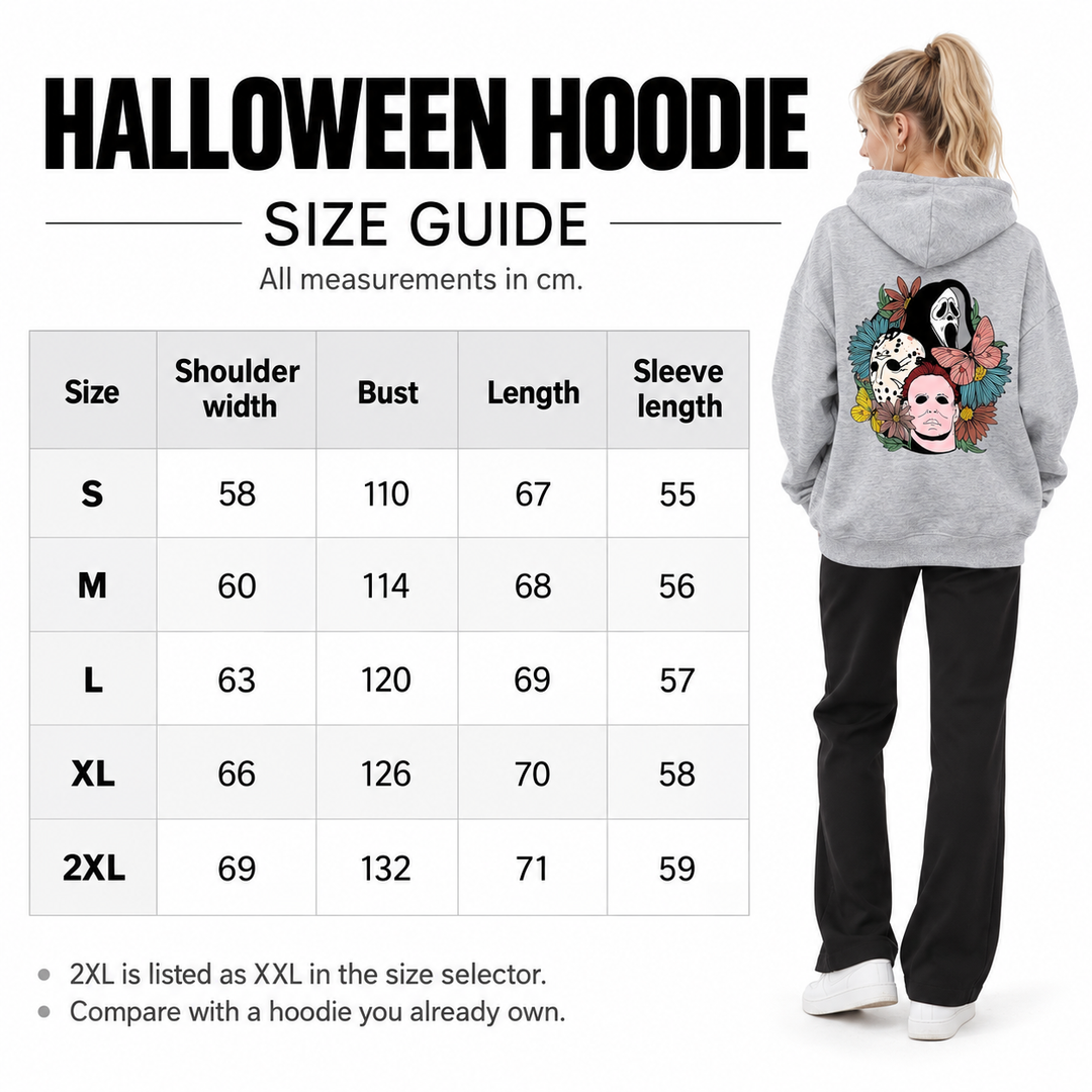 Graphic hoodie size chart with shoulder, bust, length and sleeve measurements in cm, with a full-body female model rear view.