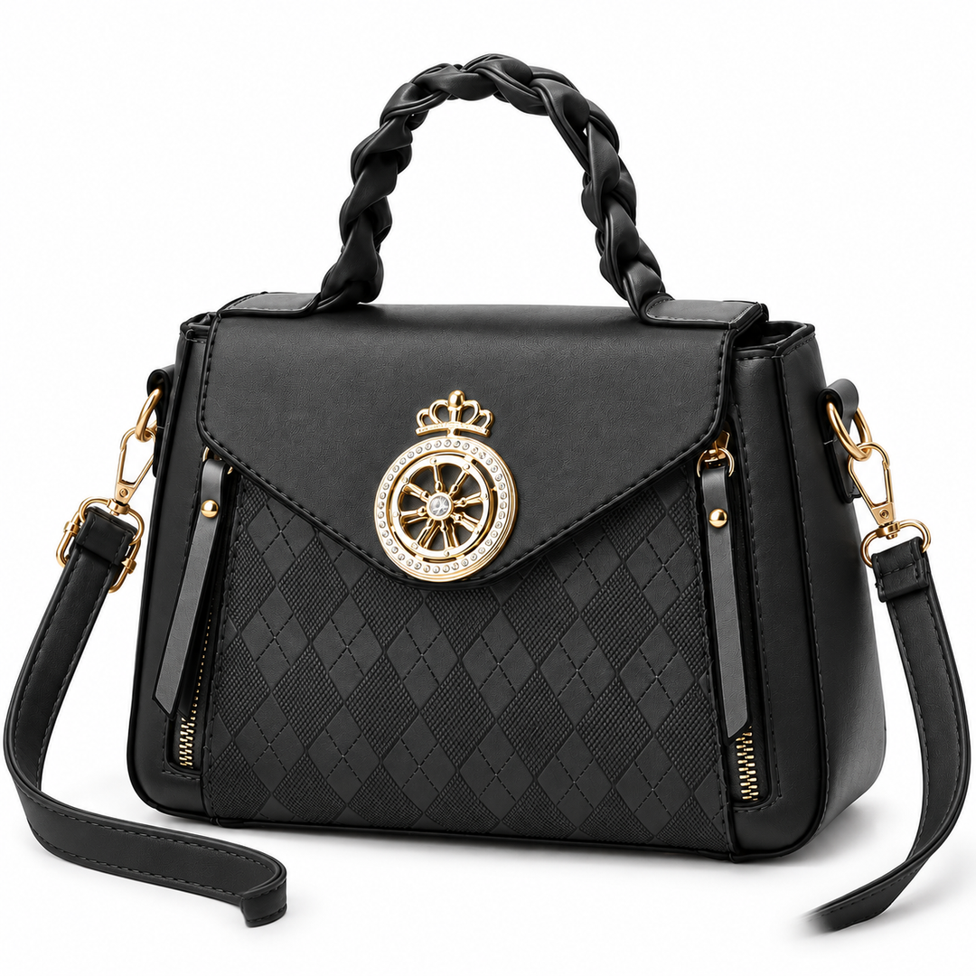 Black women's handbag with braided top handle, detachable shoulder strap, textured front panel and gold-tone front ornament.