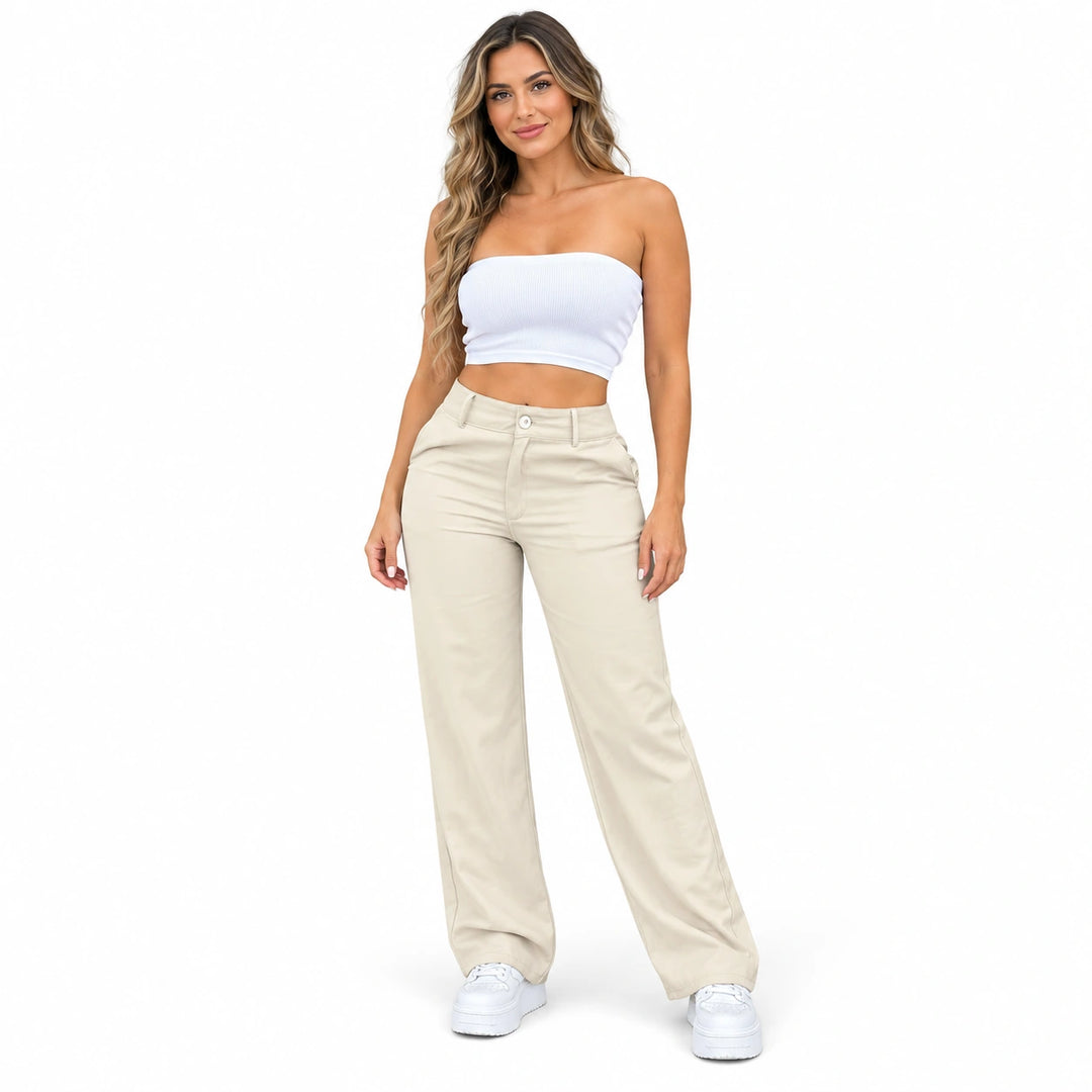 Women's beige apricot high waist wide leg trousers worn by a model