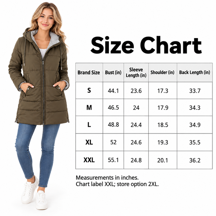 Size chart in inches, S to XXL with bust, sleeve, shoulder and back length measurements with a model in an Army Green jacket.