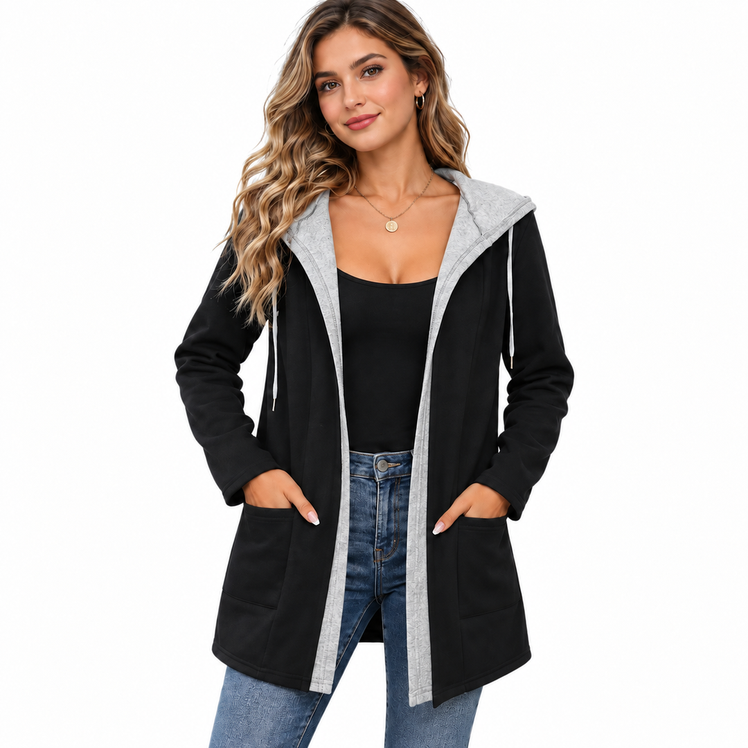 Women's Black hooded sweatshirt cardigan with Grey contrast trim shown on a professional model in a clean commercial hero image.