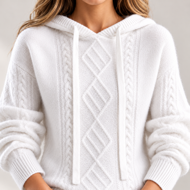 Close-up of the white hooded jacquard knit sweater showing the central diamond cable pattern, braided knit detail and ribbed cuffs.