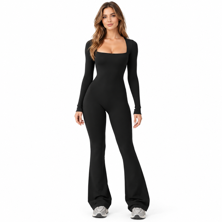 Black long sleeve jumpsuit shown full length on a studio model