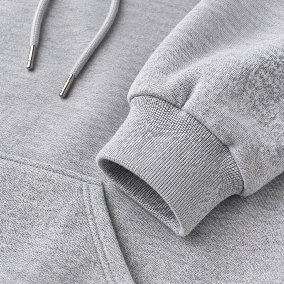Grey hoodie close-up showing cuff, seam, drawstrings and kangaroo pocket construction