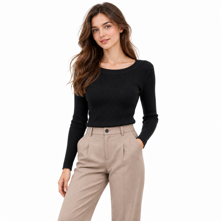 Black ribbed knit top closer model view showing the round neckline and fitted long sleeves.