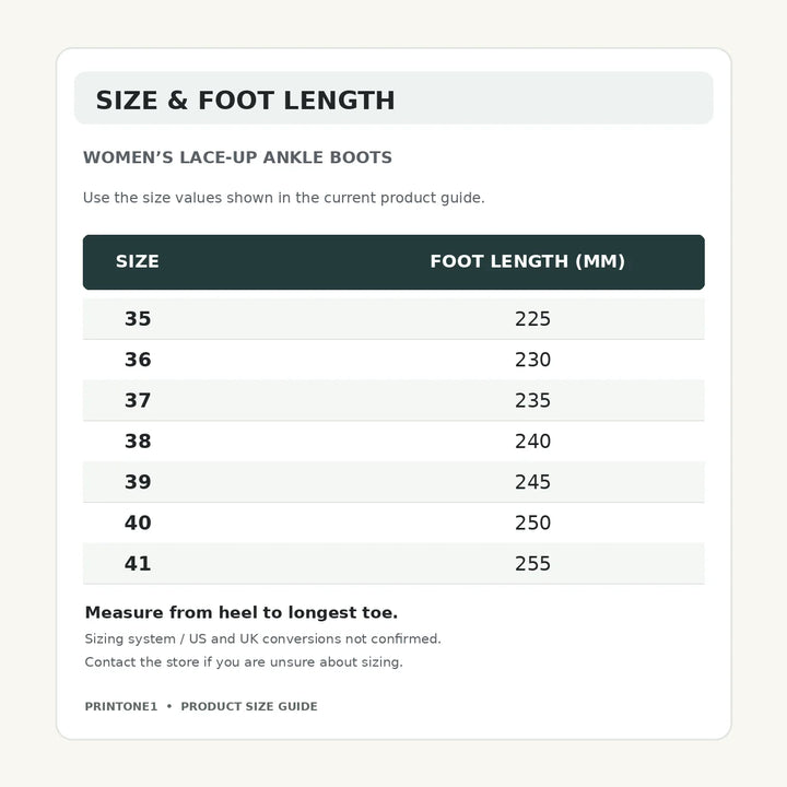 Women’s lace up ankle boots size chart showing foot length in millimeters for sizes 35 through 41; check sizing before buying