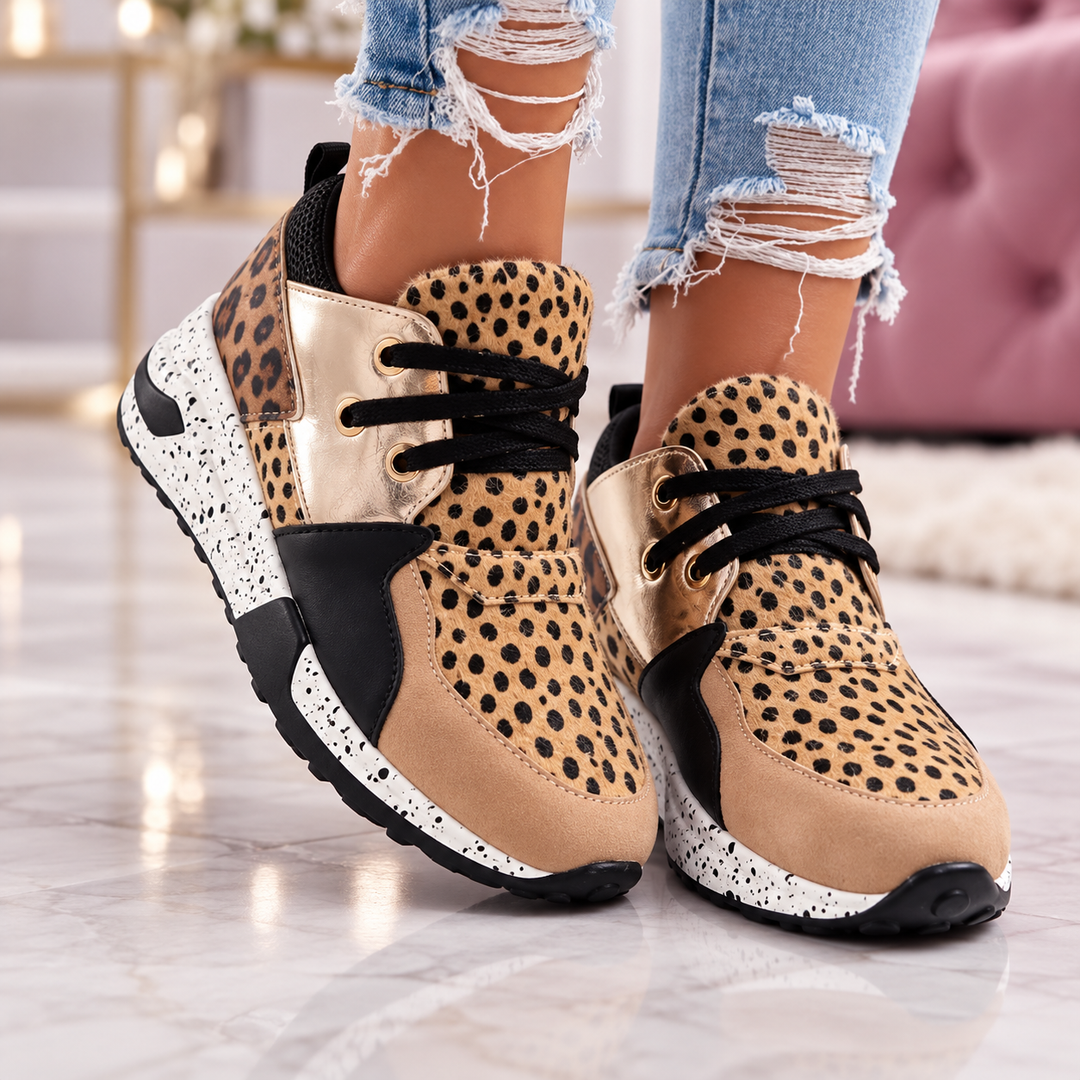 Tan leopard print sneakers with contrasting lace panels