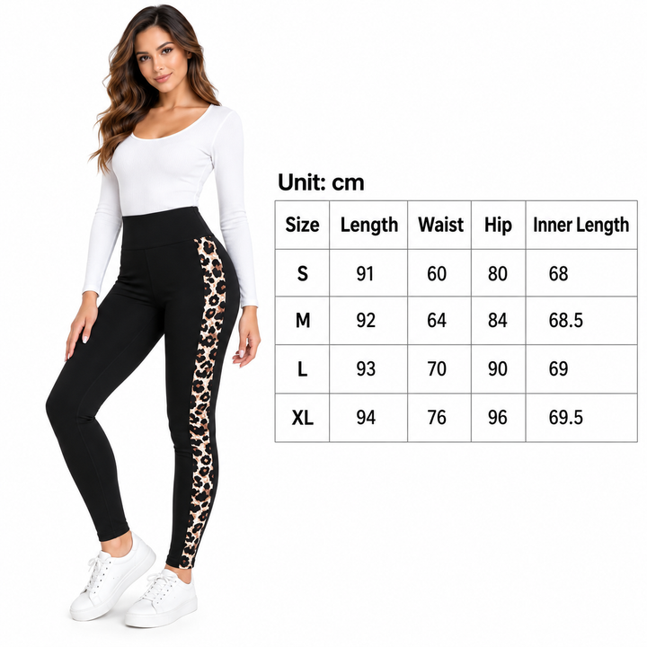 Size chart for black leopard-panel leggings, sizes S to XL in centimeters