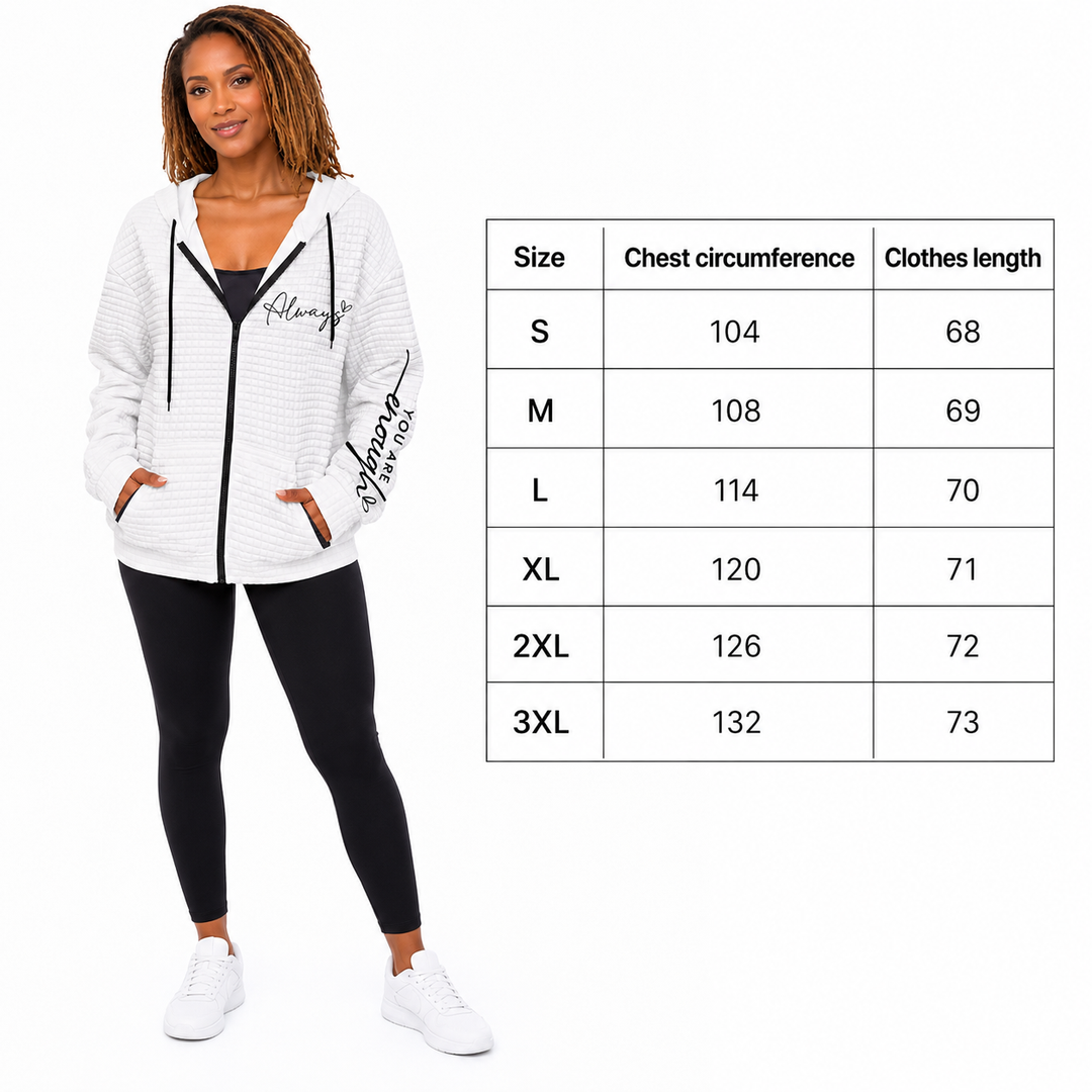 Size guide for white letter zip hoodie with model and verified S to 3XL chest circumference and clothes length values studio.