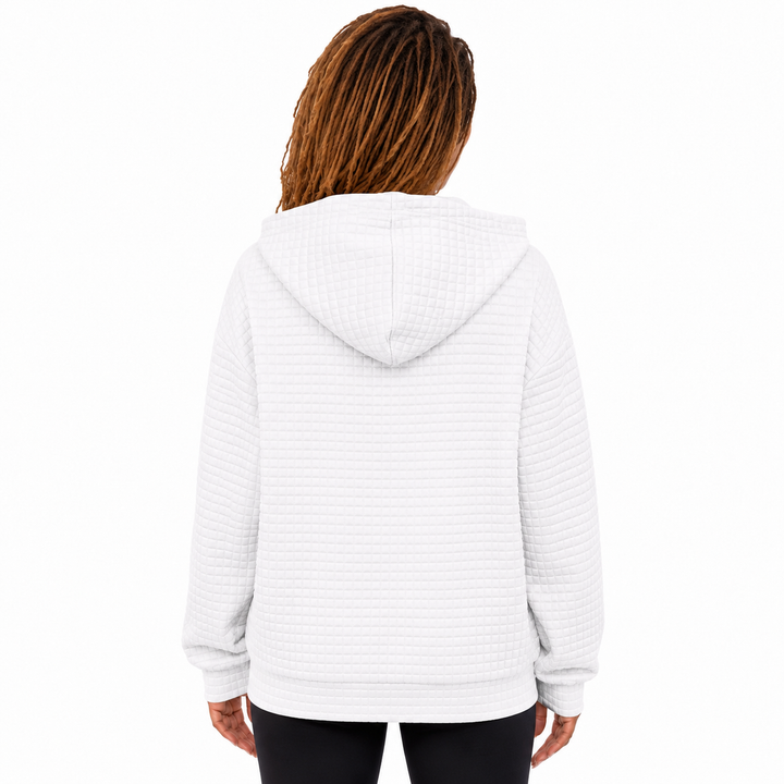 Back white letter zip hoodie with hood, center seam, sleeves, straight hem and textured surface on white background on white.