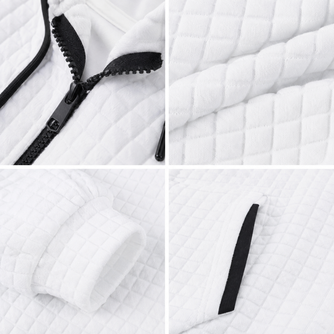 Macro white letter zip hoodie showing black zipper, texture, cuff construction and black-trimmed pocket opening clean studio.
