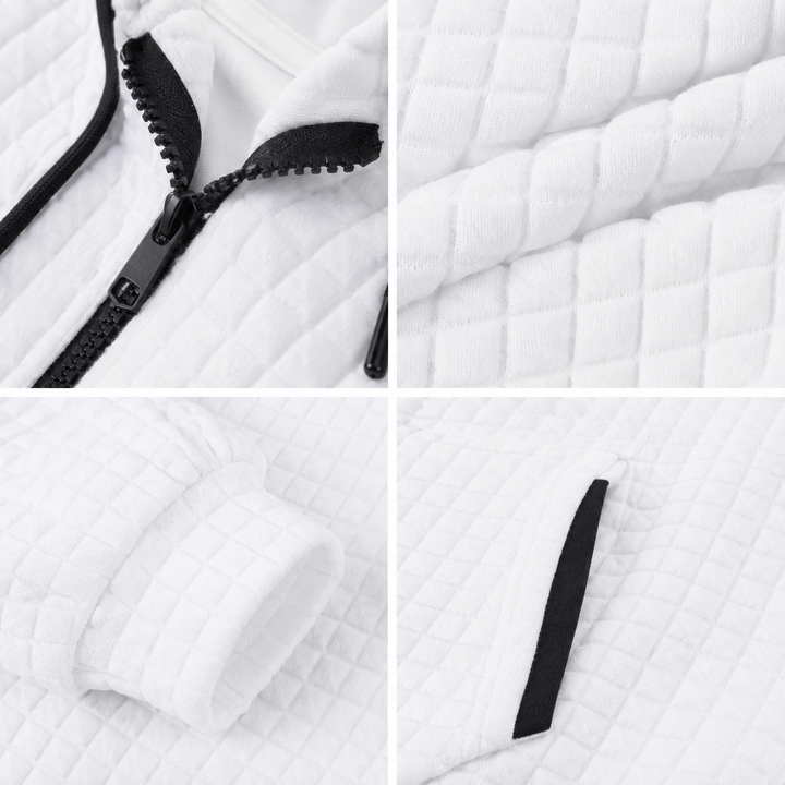 Macro white letter zip hoodie showing black zipper, texture, cuff construction and black-trimmed pocket opening clean studio.