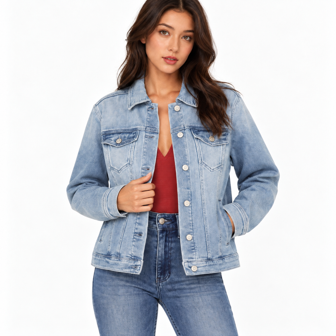 Women's light wash denim jacket hero image on model with button front and pocket details