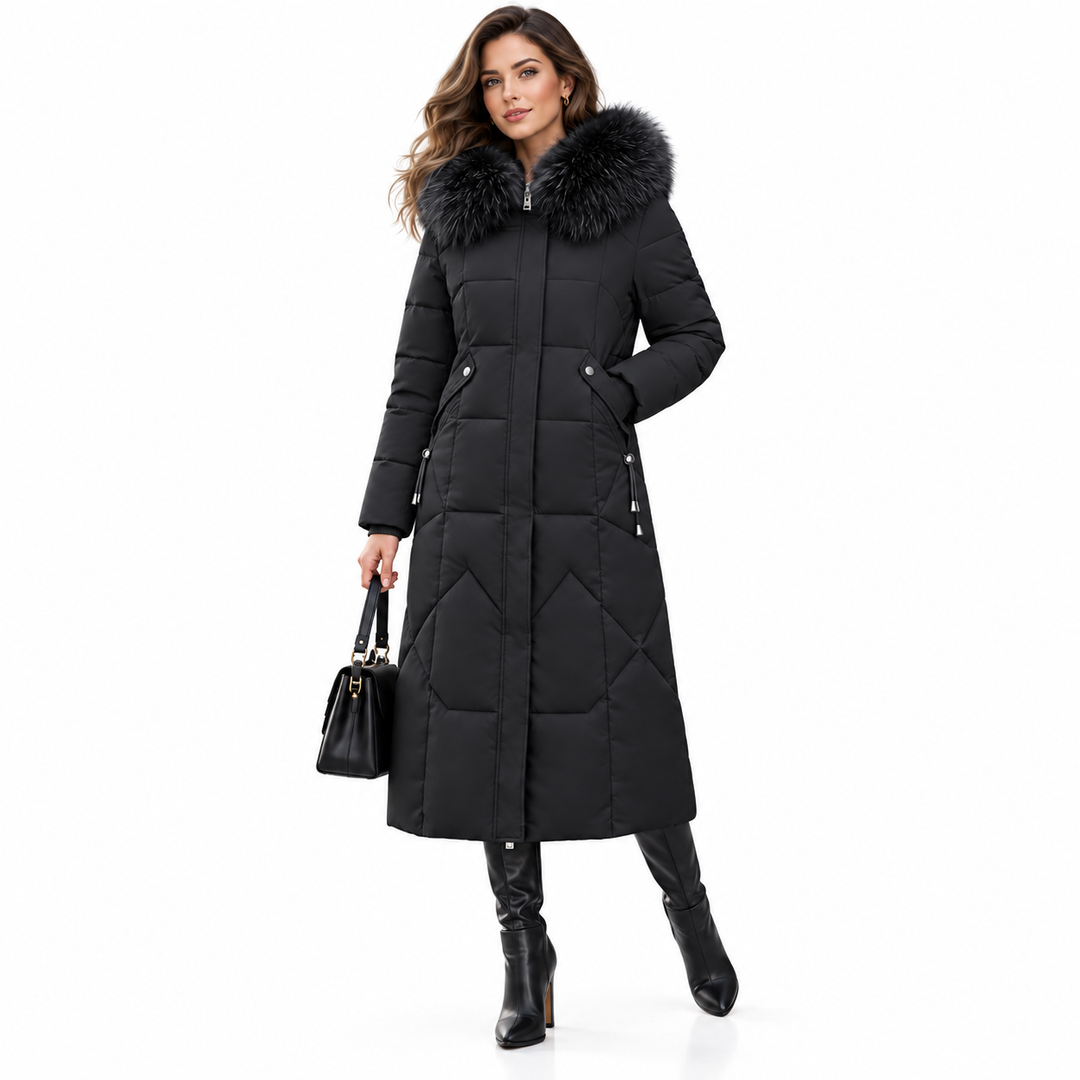 Women's long puffer coat in black, full-body variant image on white background