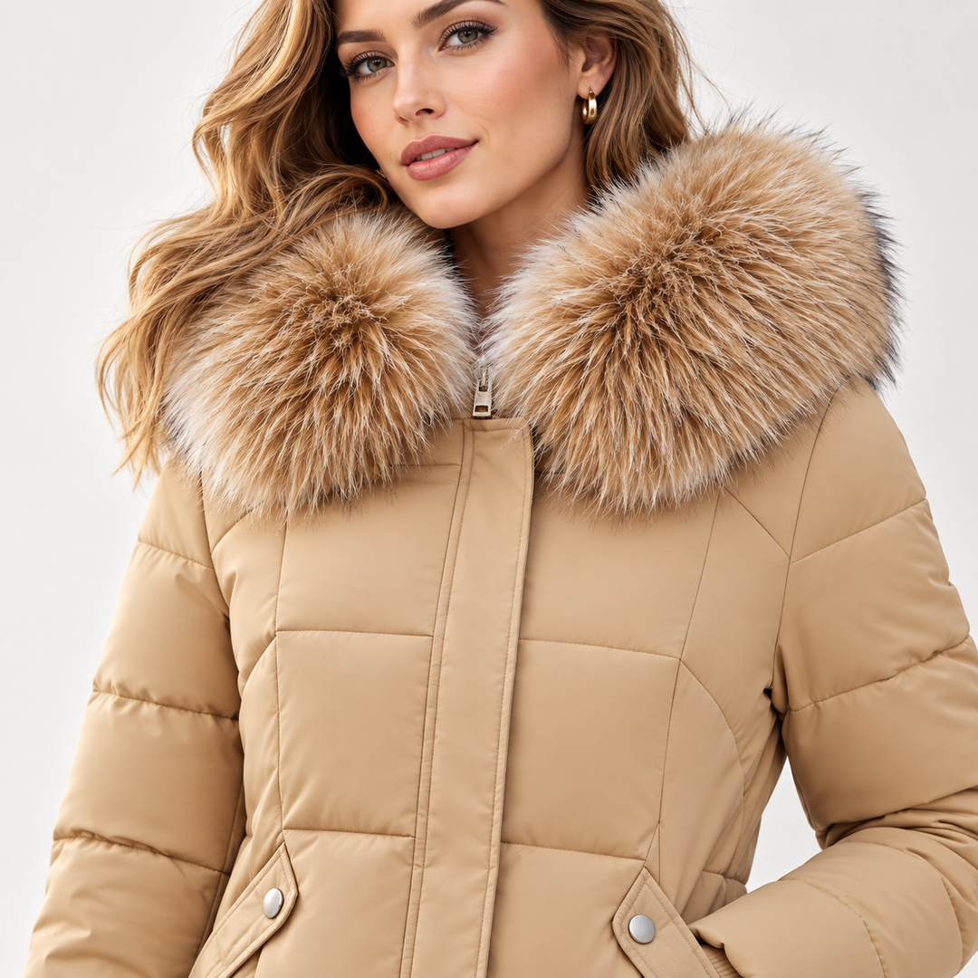 Camel beige long puffer coat close-up showing fur collar and front quilting