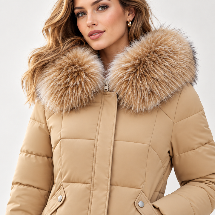 Camel beige long puffer coat close-up showing fur collar and front quilting