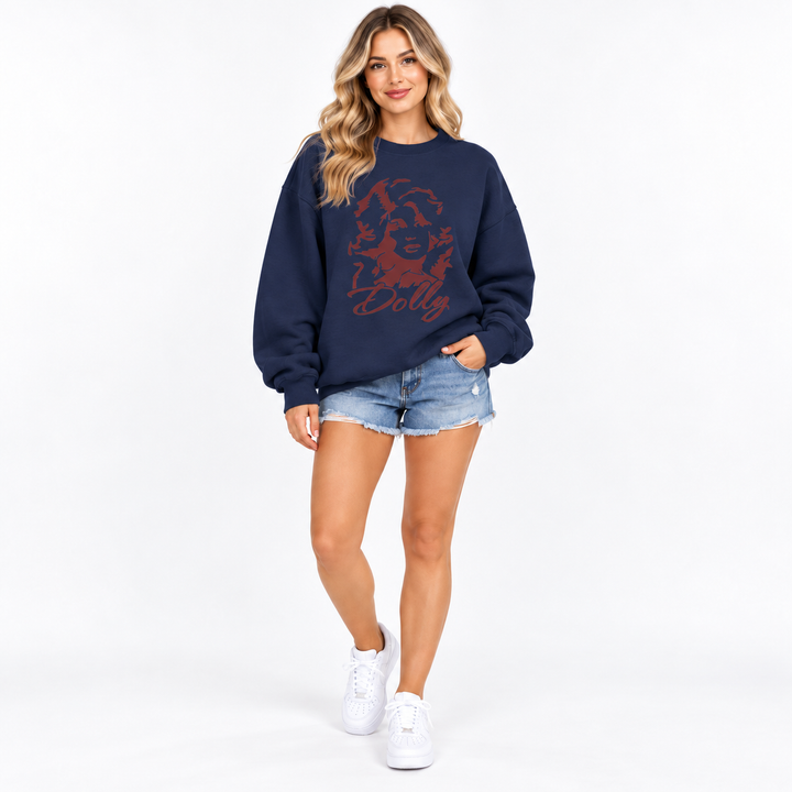 Model wearing navy blue loose sweatshirt with printed front graphic