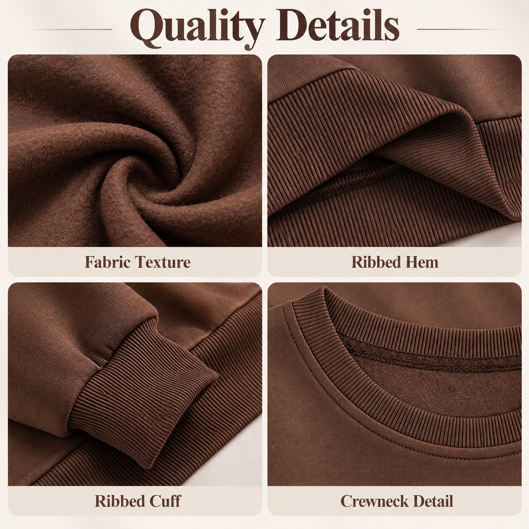 Coffee brown sweatshirt quality detail collage with fabric, cuff, hem and crewneck