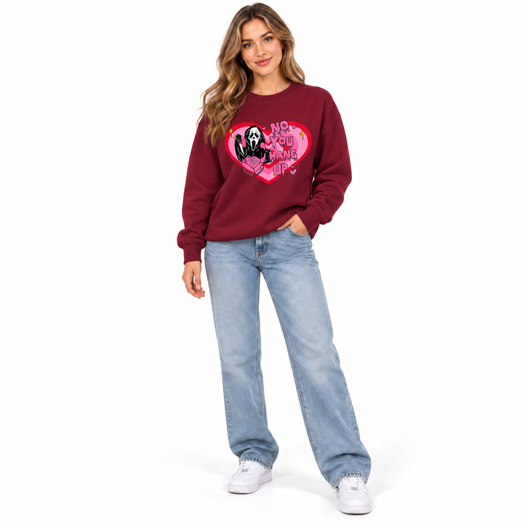 Burgundy love print sweatshirt on full-body model, front variant view