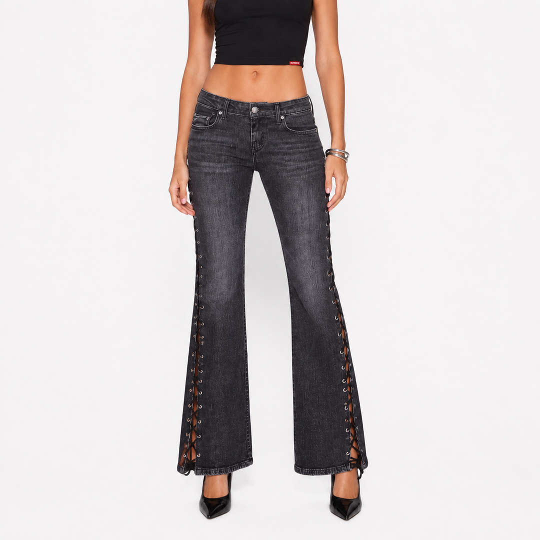 Bootcut denim jeans clean front view on female model showing low-rise waist and straight-to-bootcut clear shopping reference.